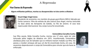 A Repressão
Nas Garras da Repressão
- Alguns militantes políticos, mortos ou desaparecidos na luta contra a ditadura
Stuar...