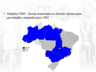 • Outubro/1980 – foram restauradas as eleições diretas para
governador, marcadas para 1982
 