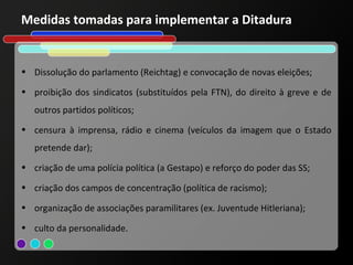 Medidas tomadas para implementar a Ditadura


• Dissolução do parlamento (Reichtag) e convocação de novas eleições;

• proibição dos sindicatos (substituídos pela FTN), do direito à greve e de
   outros partidos políticos;
• censura à imprensa, rádio e cinema (veículos da imagem que o Estado
   pretende dar);
• criação de uma polícia política (a Gestapo) e reforço do poder das SS;

• criação dos campos de concentração (política de racismo);

• organização de associações paramilitares (ex. Juventude Hitleriana);

• culto da personalidade.
 