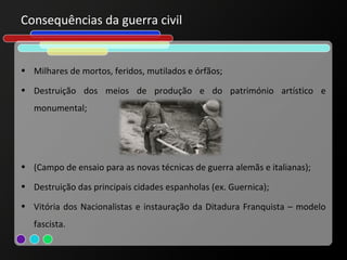 Consequências da guerra civil


• Milhares de mortos, feridos, mutilados e órfãos;

• Destruição dos meios de produção e do património artístico e
   monumental;




• (Campo de ensaio para as novas técnicas de guerra alemãs e italianas);

• Destruição das principais cidades espanholas (ex. Guernica);

• Vitória dos Nacionalistas e instauração da Ditadura Franquista – modelo
   fascista.
 