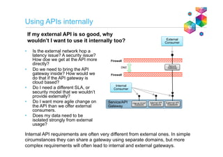 Using APIs internally
•  Is the external network hop a
latency issue? A security issue?
How doe we get at the API more
directly?
•  Do we need to bring the API
gateway inside? How would we
do that if the API gateway is
cloud based?
•  Do I need a different SLA, or
security model that we wouldn’t
provide externally?
•  Do I want more agile change on
the API than we offer external
consumers.
•  Does my data need to be
isolated strongly from external
usage?
Service/API
Gateway
Internal SOAP
Exposure
Secure
GatewayDMZ
Firewall
Firewall
Internal API
Exposure
External API
Exposure
Internal
Consumer
External
Consumer
If my external API is so good, why
wouldn’t I want to use it internally too?
Internal API requirements are often very different from external ones. In simple
circumstances they can share a gateway using separate domains, but more
complex requirements will often lead to internal and external gateways.
 