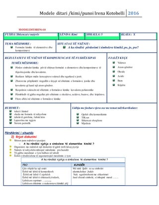 Modele ditari /kimi/punoi Irena Kotobelli 2016
MODELDITARINr18
FUSHA: Shkencat e natyrës LËNDA: Kimi SHKALLA: 5 KLASA : X
TEMA MËSIMORE :
Formulat kimike të elementëve dhe
komponimeve
SITUATA E TË NXËNIT :
A ka rëndësi përdorimi i simboleve kimikë, po, jo, pse?
REZULTATET E TË NXËNIT TË KOMPETENCAVE TË FUSHËS SIPAS
TEMËS MËSIMORE:
Përdor simbolet kimike pёr të shkruar formulat e elementeve dhe komponimeve tё
thjeshta jonike dhe kovalente.
Realizon lidhjen midis koncepteve valencë dhe ngarkesë e jonit.
Zbaton me përpikmëri rregullën e kryqit në shkrimin e formulave jonike dhe
kovalente që kanë një atom qëndror.
Respekton valencën në shkrimin e formulave kimike kovalente poliatomike
Përmbledh të gjitha rregullat për shkrimin e oksideve, acideve, bazave, dhe kripërave.
Fiton aftësi në shkrimin e formulave kimike
FJALËT KYÇE
Valence
Atom qëndror
Okside
Acide
Baza
Kripëra
BURIMET :
teksti i kimisë
skeda me formula të ndryshme
tabela të gatshme, /tabak letre
Lapustina me ngjyra
Sistem periodik
Lidhja me fushat e tjera ose me temat ndërkurrikulare:
Gjuhët dhe komunikimin
TIK-un
Shkencat shoqërore
Mjedisin
Përshkrimi i situatës
I) Rrjet diskutimi
Shtron para nxënësve pyetjen:
o A ka rëndësi njohja e simboleve të elementëve kimikë ?
Organizon me nxënësit një diskutim të gjërë rreth kësaj pyetje
Nxënës të ndryshëmmbrojnë mëndimin pro/kundër
Të gjitha mendimet e tyre hidhen në tabelë
Është e rëndësishme të argumentojnë mendimin e tyre
A ka rëndësi njohja e simboleve të elementëve kimikë ?
PRO KUNDËR
Çdo objekt ka një emër
Është më lehtë të komunikosh
Është më lehtë t’i njohësh
Është më lehtë ti shkruash,tindash,
Lehtëson veprimet ………..
Lehtëson shkrimin e reaksioneve kimikë..etj
Më mirë fjalët se sa simbolet
alumin,hekur ,bakër
Nuk ngatërrohemi me shkurtimet
Janë shumë simbole, si mbajmë mend …….
 