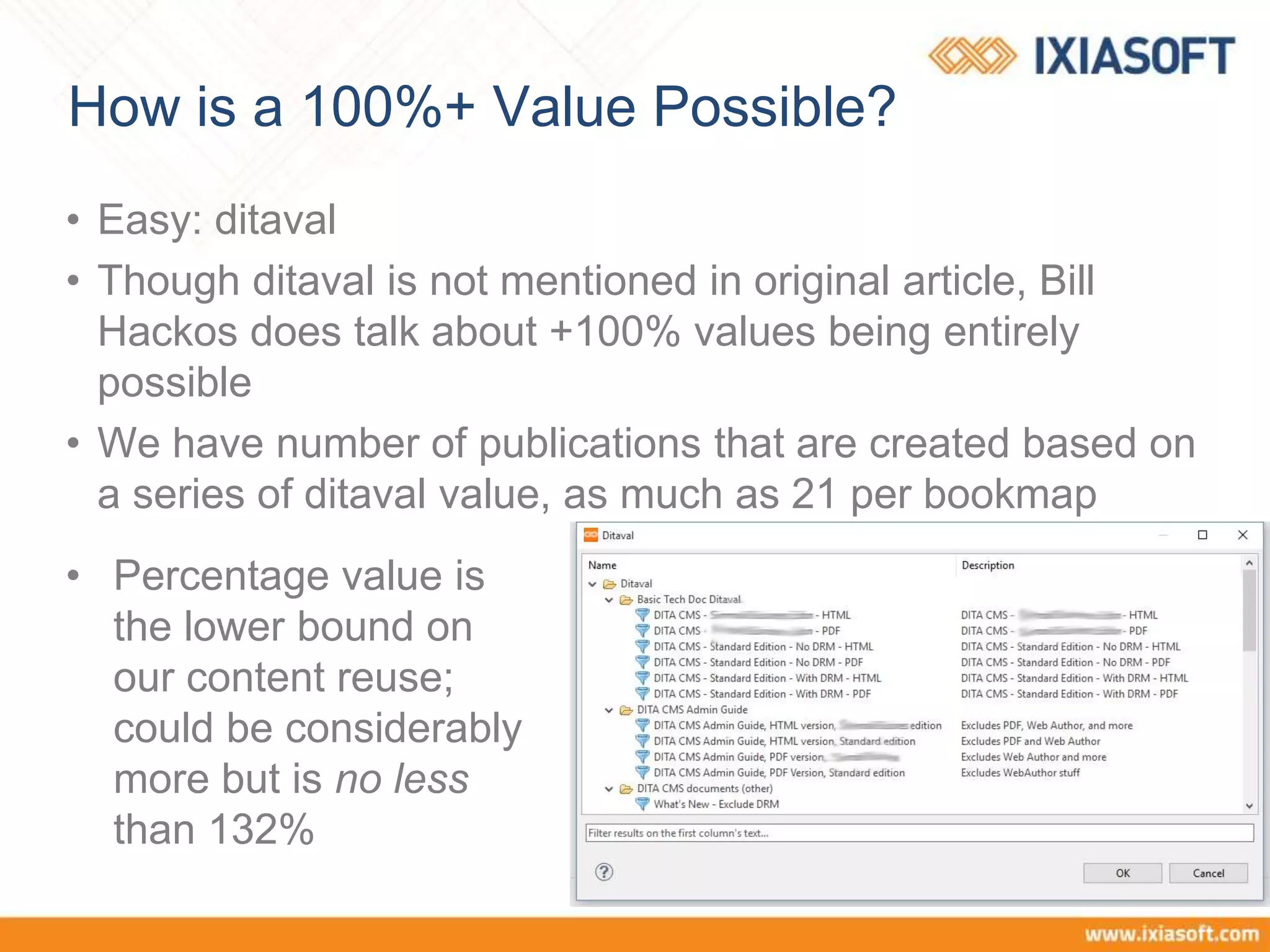 How is a 100%+ Value Possible?
• Easy: ditaval
• Though ditaval is not mentioned in original article, Bill
Hackos does talk about +100% values being entirely
possible
• We have number of publications that are created based on
a series of ditaval value, as much as 21 per bookmap
• Percentage value is
the lower bound on
our content reuse;
could be considerably
more but is no less
than 132%
 