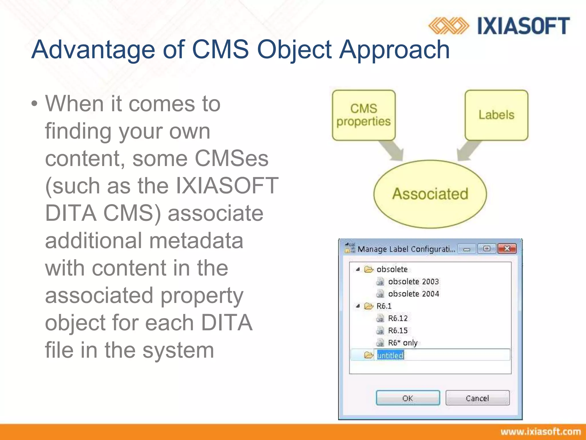 Advantage of CMS Object Approach
• When it comes to
finding your own
content, some CMSes
(such as the IXIASOFT
DITA CMS) associate
additional metadata
with content in the
associated property
object for each DITA
file in the system
 