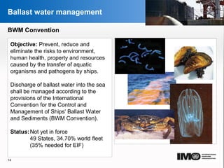 YOUR LOGO
Page  14
Ballast water management
BWM Convention
Objective: Prevent, reduce and
eliminate the risks to environment,
human health, property and resources
caused by the transfer of aquatic
organisms and pathogens by ships.
Discharge of ballast water into the sea
shall be managed according to the
provisions of the International
Convention for the Control and
Management of Ships' Ballast Water
and Sediments (BWM Convention).
Status:Not yet in force
49 States, 34.70% world fleet
(35% needed for EIF)
14
YOUR LOGO
 