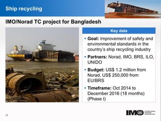 YOUR LOGO
Page  17
Ship recycling
IMO/Norad TC project for Bangladesh
Key data
 Goal: Improvement of safety and
environmental standards in the
country’s ship recycling industry
 Partners: Norad, IMO, BRS, ILO,
UNIDO
 Budget: US$ 1.2 million from
Norad, US$ 250,000 from
EU/BRS
 Timeframe: Oct 2014 to
December 2016 (18 months)
(Phase I)
17
YOUR LOGO
 