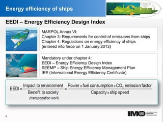 YOUR LOGO
Page  9
Energy efficiency of ships
MARPOL Annex VI:
Chapter 3: Requirements for control of emissions from ships
Chapter 4: Regulations on energy efficiency of ships
(entered into force on 1 January 2013)
Mandatory under chapter 4:
EEDI – Energy Efficiency Design Index
SEEMP – Ship Energy Efficiency Management Plan
IEE (International Energy Efficiency Certificate)
 Amendments to the 2013 Interim guidelines for determining
minimum propulsion power to maintain the manoeuvrability of
ships in adverse conditions (resolution MEPC.232(65))
adopted
EEDI – Energy Efficiency Design Index
9
YOUR LOGO
 