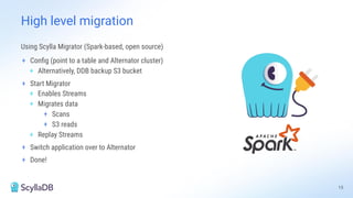 High level migration
Using Scylla Migrator (Spark-based, open source)
+ Conﬁg (point to a table and Alternator cluster)
+ Alternatively, DDB backup S3 bucket
+ Start Migrator
+ Enables Streams
+ Migrates data
+ Scans
+ S3 reads
+ Replay Streams
+ Switch application over to Alternator
+ Done!
15
 