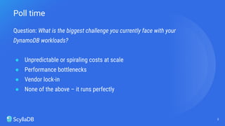 Question: What is the biggest challenge you currently face with your
DynamoDB workloads?
● Unpredictable or spiraling costs at scale
● Performance bottlenecks
● Vendor lock-in
● None of the above – it runs perfectly
3
Poll time
 