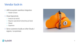 Vendor lock-in
+ AWS ecosystem seamless integration
+ Harder to leave
+ Cloud Agnosticity
+ Insecure (at worst)
+ Requires specialized networking (at best)
+ Slower
+ Expensive
+ Serve customers locally on other Clouds /
regions / on-premises
9
 