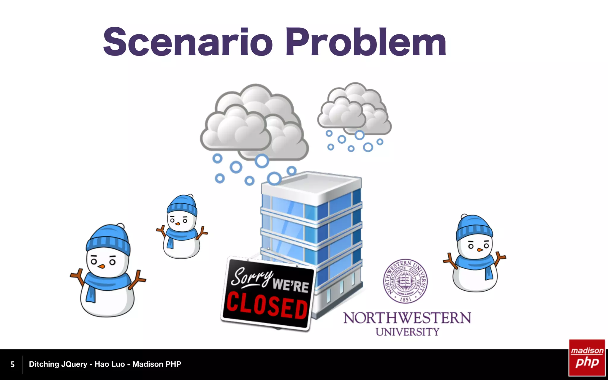 Ditching JQuery - Hao Luo - Madison PHP5
Scenario Problem
 