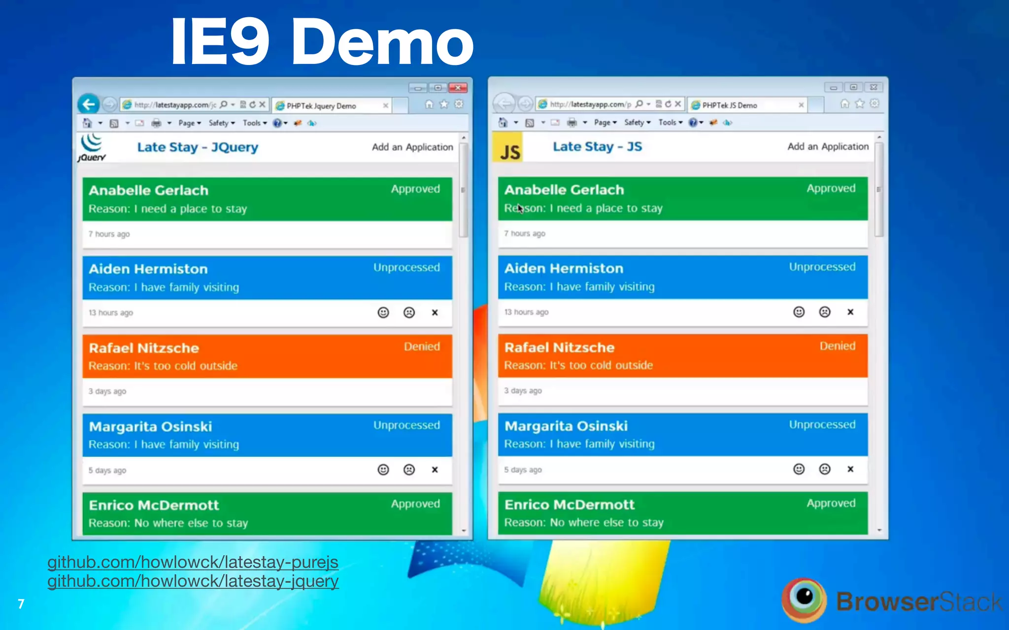 Ditching JQuery - Hao Luo - Madison PHP
IE9 Demo
7
github.com/howlowck/latestay-purejs
github.com/howlowck/latestay-jquery
 