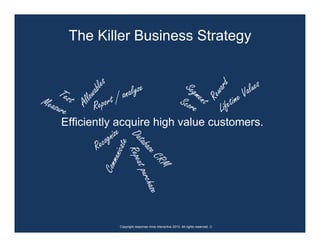 The Killer Business Strategy


                                                                           Seg                                        ues
                s




                                                                                               ard
     Tes      able                  nalyze                                     men                                Va l
                      t/a




                                                                                           Re w
                                                                                                           time
               ow
Meas t            epor                                                   Scor t
                                                                                                       ife
           All

    ure         R                                                            e                     L
     Efficiently acquire high value customers.
                         cog nize
                                    Dat Repeat
                    Re
                               te
                                       aba
                          unica

                                           se
                                              CR
                     Comm



                                                 M
                                                   purch
                                                        ase




                                Copyright response mine interactive 2010. All rights reserved. ☺
 