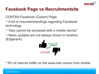 www.recruit2.nl
Facebook Page vs Recruitmentsite
CONTRA Facebook (Career) Page:
A lot of misunderstandings regarding Facebook
technology
Tabs cannot be accessed with a mobile device*
News updates are not always shown in timeline
(Edgerank)
* 9% of internet traffic on the www-site comes from mobile
 