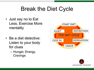 Break the Diet Cycle
• Just say no to Eat
Less, Exercise More
mentality
• Be a diet detective:
Listen to your body
for clues
– Hunger, Energy,
Cravings
 