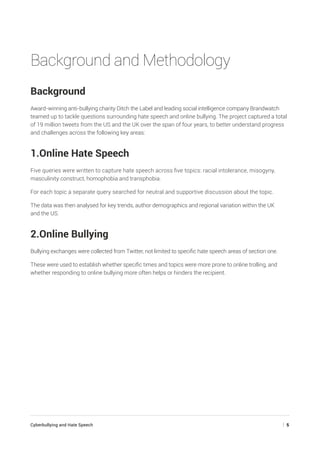 Cyberbullying and Hate Speech	 | 5
Background and Methodology
Background
Award-winning anti-bullying charity Ditch the Label and leading social intelligence company Brandwatch
teamed up to tackle questions surrounding hate speech and online bullying. The project captured a total
of 19 million tweets from the US and the UK over the span of four years, to better understand progress
and challenges across the following key areas:
1.Online Hate Speech
Five queries were written to capture hate speech across five topics: racial intolerance, misogyny,
masculinity construct, homophobia and transphobia.
For each topic a separate query searched for neutral and supportive discussion about the topic.
The data was then analysed for key trends, author demographics and regional variation within the UK
and the US.
2.Online Bullying
Bullying exchanges were collected from Twitter, not limited to specific hate speech areas of section one.
These were used to establish whether specific times and topics were more prone to online trolling, and
whether responding to online bullying more often helps or hinders the recipient.
 