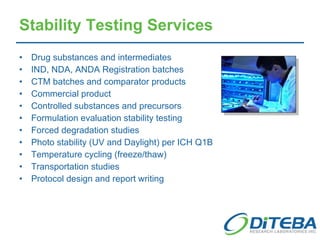 Stability Testing Services Drug substances and intermediates IND, NDA, ANDA Registration batches CTM batches and comparator products Commercial product Controlled substances and precursors Formulation evaluation stability testing Forced degradation studies Photo stability (UV and Daylight) per ICH Q1B Temperature cycling (freeze/thaw) Transportation studies Protocol design and report writing 