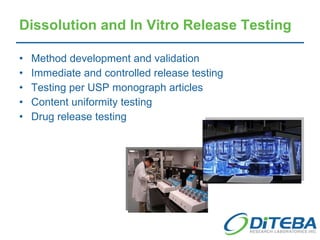 Dissolution and In Vitro Release Testing Method development and validation Immediate and controlled release testing Testing per USP monograph articles Content uniformity testing Drug release testing 