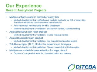 Our Experience Recent Analytical Projects Multiple antigens used in biomarker assay kits Method development & verification of multiple methods for QC of assay kits Transfer methods to kit & instrument manufacturer Anti-retroviral microbicide for HIV treatment Method development & validation, dissolution studies, stability testing Aerosol fentanyl pain relief product Method development & validation, In vitro release studies Aerosol bucchal insulin product Method development & validation, raw material compendial testing Toll-like receptor (TLR) blocker for autoimmune therapies Method development & validation, Phase I bioanalytical trial samples Multiple raw material characterization for large biotech Dozens of compendial tests for characterization and release 