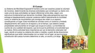 El Cuerpo
su Sistema de Movilidad Espacial El hombre como ser corpóreo posee la voluntad
de moverse, determinando las diversas actividades que constituyen su diario vivir,
cada una de esas actividades se logran diferenciar entre ellas, según una
estructura fundamental que llamamos movilidad. Bajo esta perspectiva que nos
entrega el desplazamiento corporal, podemos definir básicamente la movilidad
como un sistema de movimientos que consigue dar orden a un espacio
constituyendo un lugar. Esta movilidad se concibe como un continuo y limitado
desplazamiento del cuerpo en el espacio y en el tiempo, que obtiene ciertas
propiedades estructurantes en el lugar que ocupa el cuerpo. La movilidad da
cuenta de una cualidad del espacio, que es la que le pertenece a la actividad que
se realiza. Dicha actividad tiene importancia por ser el elemento ordenador del
lugar, siendo el cuerpo su sistema de orden y medida, a partir de las direcciones
significativas que están relacionadas con su estar1 en el lugar, ya que la propia
constitución del cuerpo humano determina un alto, un ancho y un largo
 
