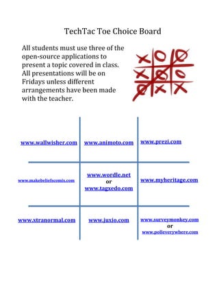 Tech Tac Toe Choice Board<br />388620014922500All students must use three of the open-source applications to present a topic covered in class.  All presentations will be on Fridays unless different arrangements have been made with the teacher. <br />4114800948055www.prezi.com00www.prezi.com41148002528570www.myheritage.com00www.myheritage.com22860036715700020574001205230www.animoto.com00www.animoto.com-2286001205230 HYPERLINK quot;
http://www.wallwisher.comquot;
 www.wallwisher.com00 HYPERLINK quot;
http://www.wallwisher.comquot;
 www.wallwisher.com20574005194300041148005194300020574002348230www.wordle.netorwww.tagxedo.com00www.wordle.netorwww.tagxedo.com-2286002576830www.makebeliefscomix.com00www.makebeliefscomix.com22860021196300041148003948430www.surveymonkey.comorwww.polleverywhere.com00www.surveymonkey.comorwww.polleverywhere.com20574003948430www.juxio.com00www.juxio.com-2286003948430www.xtranormal.com00www.xtranormal.com<br />