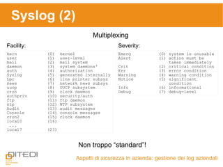 Syslog (2)
Aspetti di sicurezza in azienda: gestione dei log aziendali
Multiplexing
kern (0) kernel
user (1) user-level
mail (2) mail system
daemon (3) system daemons'
auth (4) authorization
Syslog (5) generated internally
Lpr (6) line printer subsys
news (7) network news subsys
uucp (8) UUCP subsystem
cron (9) clock daemon
authpriv (10) security/auth
ftp (11) ftp daemon
ntp (12) NTP subsystem
Audit (13) audit messages
Console (14) console messages
cron2 (15) clock daemon
local0 (16)
...
local7 (23)
Non troppo “standard”!
Emerg (0) system is unusable
Alert (1) action must be
taken immediately
Crit (2) critical condition
Err (3) error condition
Warning (4) warning condition
Notice (5) significant
condition
Info (6) informational
Debug (7) debug-level
Facility: Severity:
 