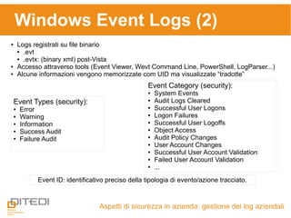 Windows Event Logs (2)
Aspetti di sicurezza in azienda: gestione dei log aziendali
● Logs registrati su file binario
● .evt
● .evtx: (binary xml) post-Vista
● Accesso attraverso tools (Event Viewer, Wevt Command Line, PowerShell, LogParser...)
● Alcune informazioni vengono memorizzate com UID ma visualizzate “tradotte”
Event Types (security):
● Error
● Warning
● Information
● Success Audit
● Failure Audit
Event Category (security):
● System Events
● Audit Logs Cleared
● Successful User Logons
● Logon Failures
● Successful User Logoffs
● Object Access
● Audit Policy Changes
● User Account Changes
● Successful User Account Validation
● Failed User Account Validation
● ...
Event ID: identificativo preciso della tipologia di evento/azione tracciato.
 