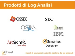 Aspetti di sicurezza in azienda: gestione dei log aziendali
Prodotti di Log Analisi
SEC
DeepSight
 