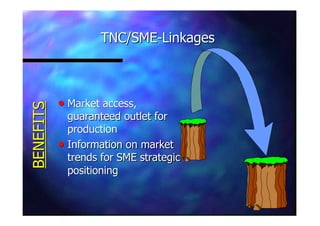 TNC/SMETNC/SME--LinkagesLinkages
nn Market access,Market access,
guaranteed outlet forguaranteed outlet for
productionproduction
nn Information on marketInformation on market
trends for SME strategictrends for SME strategic
positioningpositioning
BENEFITSBENEFITS
 