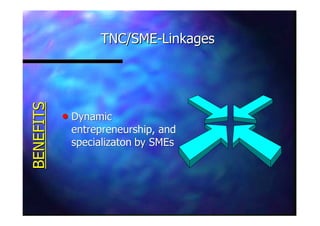 TNC/SMETNC/SME--LinkagesLinkages
nn DynamicDynamic
entrepreneurship, andentrepreneurship, and
specializatonspecializaton byby SMEsSMEs
BENEFITSBENEFITS
 