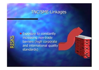 TNC/SMETNC/SME--LinkagesLinkages
nn Exposure to constantlyExposure to constantly
increasing nonincreasing non--tradetrade
barriers (high corporatebarriers (high corporate
and international qualityand international quality
standards)standards)
RISKSRISKS
 