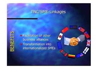 TNC/SMETNC/SME--LinkagesLinkages
nn Facilitation of otherFacilitation of other
business alliancesbusiness alliances
nn Transformation intoTransformation into
internationalized SMEsinternationalized SMEs
BENEFITSBENEFITS
 