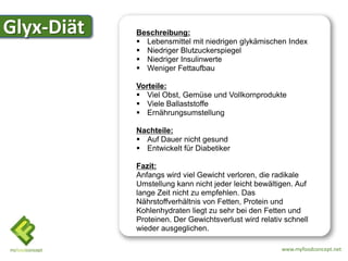 Glyx-Diät   Beschreibung:
             Lebensmittel mit niedrigen glykämischen Index
             Niedriger Blutzuckerspiegel
Glyx-Diät    Niedriger Insulinwerte
             Weniger Fettaufbau

            Vorteile:
             Viel Obst, Gemüse und Vollkornprodukte
             Viele Ballaststoffe
             Ernährungsumstellung

            Nachteile:
             Auf Dauer nicht gesund
             Entwickelt für Diabetiker

            Fazit:
            Anfangs wird viel Gewicht verloren, die radikale
            Umstellung kann nicht jeder leicht bewältigen. Auf
            lange Zeit nicht zu empfehlen. Das
            Nährstoffverhältnis von Fetten, Protein und
            Kohlenhydraten liegt zu sehr bei den Fetten und
            Proteinen. Der Gewichtsverlust wird relativ schnell
            wieder ausgeglichen.

                                                       www.myfoodconcept.net
 
