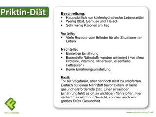 Priktin-Diät   Beschreibung:
                Haupsächlich nur kohlenhydratreiche Lebensmittel
                Wenig Obst, Gemüse und Fleisch
                Sehr wenig Kalorien am Tag

               Vorteile:
                Viele Rezepte vom Erfinder für alle Situationen im
                  Leben

               Nachteile:
                Einseitige Ernährung
                Essentielle Nährstoffe werden minimiert ( vor allem
                 Proteine, Vitamine, Mineralien, essentielle
                 Fettsäuren)
                Keine Ernährungsumstellung

               Fazit:
               Toll für Vegetarier, aber dennoch nicht zu empfehlen.
               Einfach nur einen Nährstoff bevor ziehen ist keine
               gesundheitsfördernde Diät. Einer einseitigen
               Ernährung fehlt es oft an wichtigen Nährstoffen. Hier
               verliert man nicht nur Gewicht, sondern auch ein
               großes Stück Gesundheit.


                                                         www.myfoodconcept.net
 