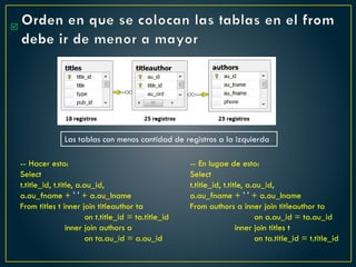 Orden en que se colocan las tablas en el from
debe ir de menor a mayor

-- Hacer esto:
Select
t.title_id, t.title, a.au_id,
a.au_fname + ' ' + a.au_lname
From titles t inner join titleauthor ta
on t.title_id = ta.title_id
inner join authors a
on ta.au_id = a.au_id
-- En lugae de esto:
Select
t.title_id, t.title, a.au_id,
a.au_fname + ' ' + a.au_lname
From authors a inner join titleauthor ta
on a.au_id = ta.au_id
inner join titles t
on ta.title_id = t.title_id
Las tablas con menos cantidad de registros a la izquierda
 