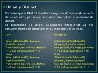 Union y Distinct
Recordar que el UNION muestra los registros diferentes de la unión
de las consultas, por lo que no es necesario aplicar la operación de
distinct.
Se recomienda no utilizar operaciones innecesarias ya que
consumen tiempo de procesamiento y memoria del servidor.
En lugar de
Select distinct [IdSolicitudBS],
[Numero], [FechaDocumento]
from solicitud_bs s where (s.idestatus
= 12 and s.presupuestario = 0)
Union
Select distinct [IdSolicitudBS],
[Numero], [FechaDocumento]
from solicitud_bs s where (s.idestatus
= 55 and s.presupuestario = 1)
Usar
Select [IdSolicitudBS], [Numero],
[FechaDocumento]
from solicitud_bs s where (s.idestatus
= 12 and s.presupuestario = 0)
Union
Select [IdSolicitudBS], [Numero],
[FechaDocumento]
from solicitud_bs s where (s.idestatus
= 55 and s.presupuestario = 1)

 