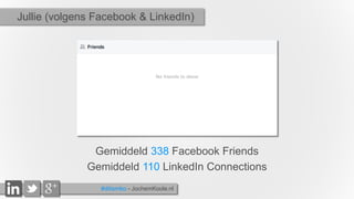 Jullie (volgens Facebook & LinkedIn)
Gemiddeld 338 Facebook Friends
Gemiddeld 110 LinkedIn Connections
#ditismbo - JochemK...