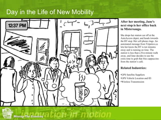 Day in the Life of New Mobility
                                  After her meeting, Jane's
                                  next stop is her office back
                                  in Mistersauga.
                                  She drops her station car off at the
                                  AutoAccess depot, and heads towards
                                  the RT stop. Her cell phone rings. An
                                  automated message from Tripatico.ca
                                  lets her know the RT is ten minutes
                                  away and is running on time. The
                                  station is less than a five-minute walk
                                  away, and Jane decides to use the
                                  extra time to grab that free cappuccino
                                  from the station’s café.

                                  Related Industries:

                                  •GPS Satellite Suppliers
                                  •GPS Vehicle Location and ID
                                  •Wireless Transmission
 