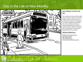 Day in the Life of New Mobility
                                  Jane finishes work for the
                                  day.
                                  On nice days like this, she often walks
                                  home, but Dave’s parents are arriving
                                  tonight, and she wants extra time to
                                  get the guest room ready. Fortunately,
                                  convenient, speedy and comfortable
                                  bus service will take her home in
                                  minutes, zipping down the street on
                                  transit-only lanes. When it’s finished,
                                  the new regional RT network that’s
                                  being built will be even faster.

                                  Related Industries:
                                  •Public-Private Partnerships
                                  •HOV Surveillance
                                  •Bus Manufacture
                                  •Rail Infrastructure
                                  •Locomotives and Rolling Stock
 
