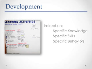 Development


              Instruct on:
                    Specific Knowledge
                    Specific Skills
                    Specific Behaviors
 