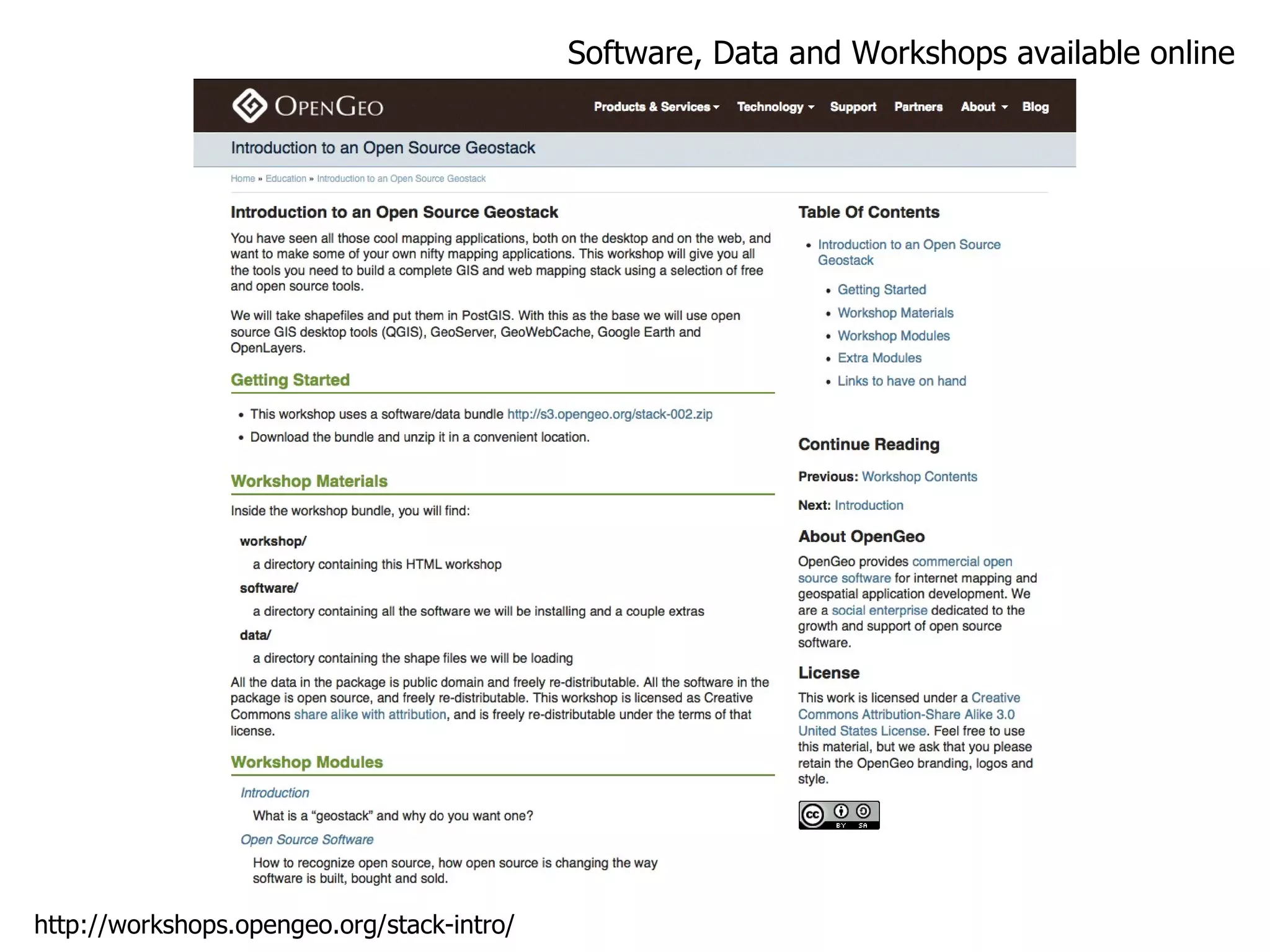 Software, Data and Workshops available online http://workshops.opengeo.org/stack-intro/ 
