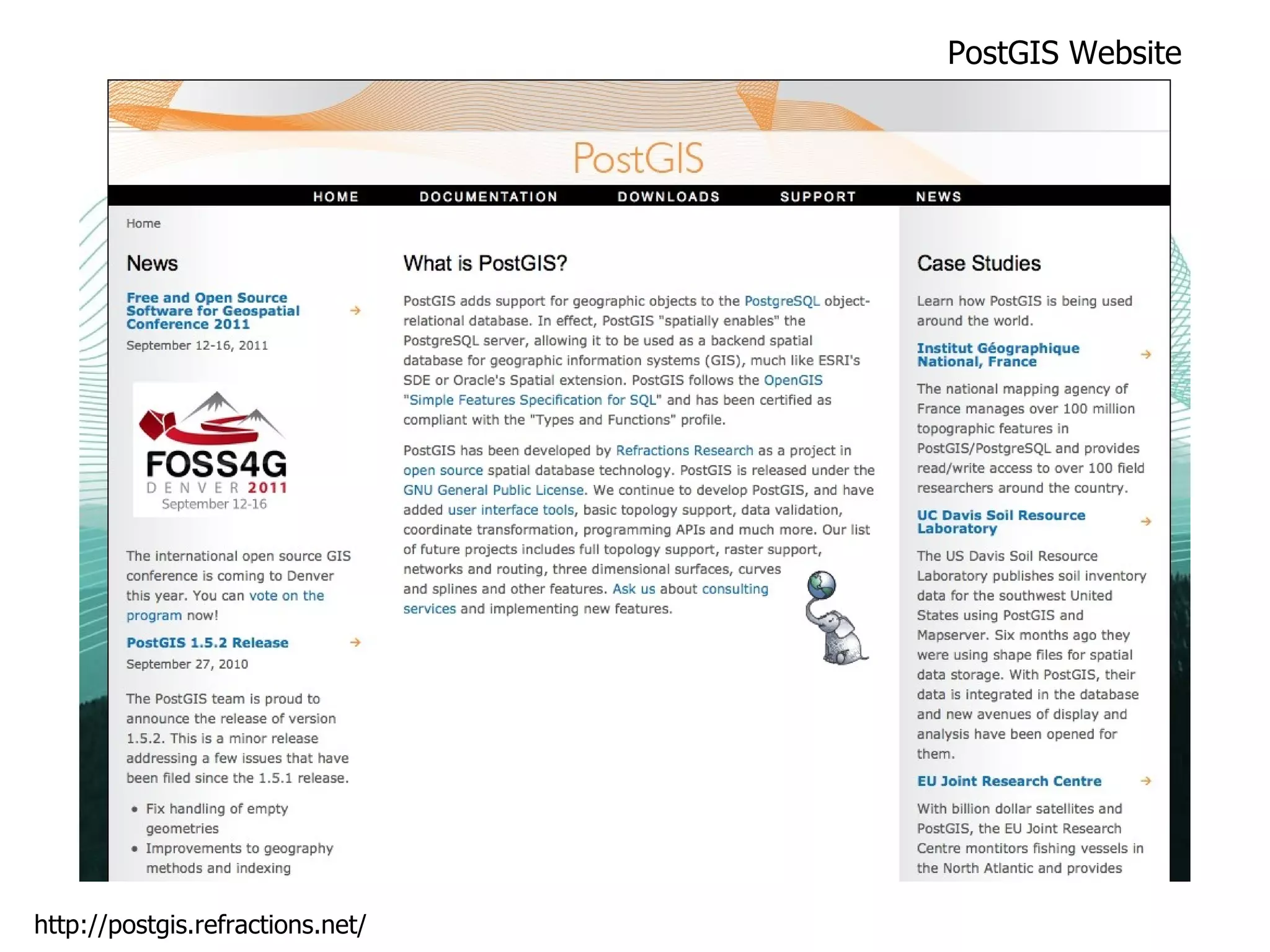 PostGIS Website http://postgis.refractions.net/ 