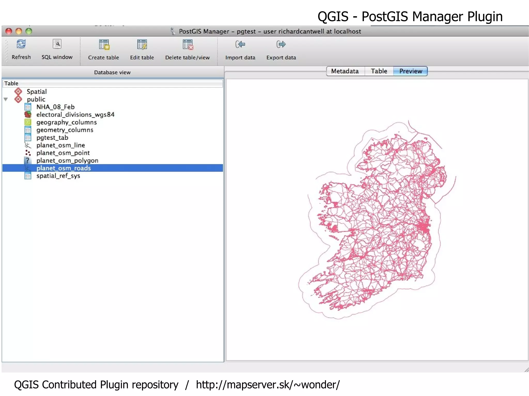 QGIS - PostGIS Manager Plugin QGIS Contributed Plugin repository  /  http://mapserver.sk/~wonder/ 