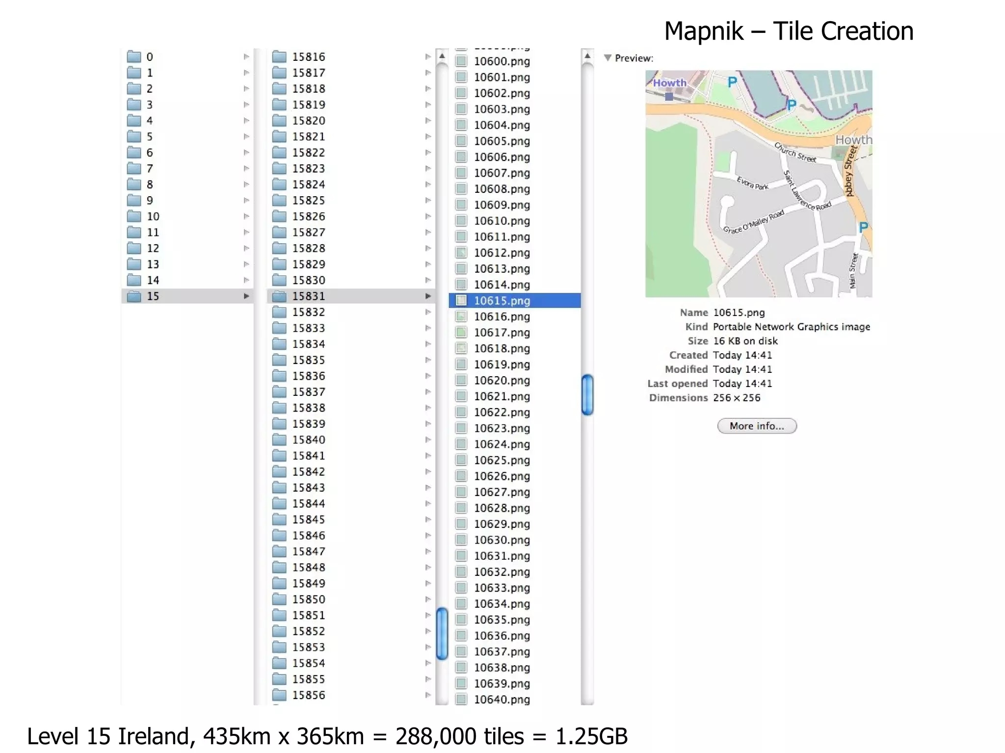 Level 15 Ireland, 435km x 365km = 288,000 tiles = 1.25GB  Mapnik – Tile Creation 