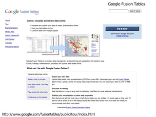 http://www.google.com/fusiontables/public/tour/index.html Google Fusion Tables 