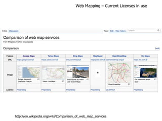 Web Mapping – Current Licenses in use http://en.wikipedia.org/wiki/Comparison_of_web_map_services * 