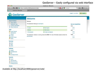 GeoServer – Easily configured via web interface Available at http://localhost:8080/geoserver/web/ 