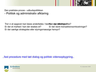 Den praktiske proces - udbudspolitikken
 - Politisk og administrativ afklaring


 Tror vi at opgaven kan løses anderledes / bedre – nye effektiviseres?
                                               Kan der løsninger?
 Er der et marked / kan der skabes et?         Er der store transaktionsomkostninger?
 Er der særlige strategiske eller styringsmæssige hensyn?




..fast procedure med tæt dialog og politisk vidensopbygning..


                                                                              10. december 2008
 