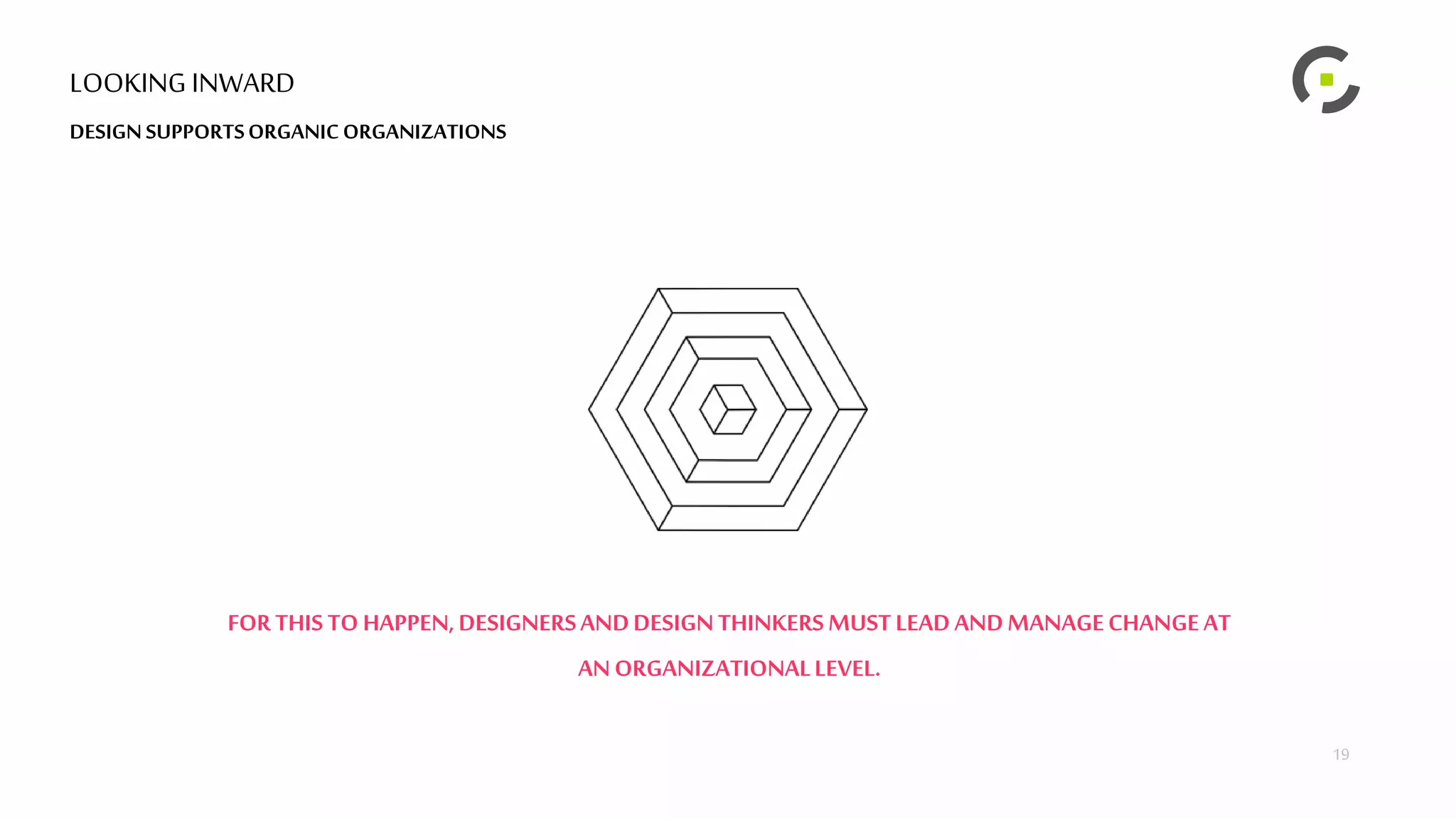 LOOKING INWARD
DESIGNSUPPORTSORGANICORGANIZATIONS
FORTHIS TO HAPPEN,DESIGNERSANDDESIGNTHINKERSMUSTLEADANDMANAGECHANGEAT
ANORGANIZATIONALLEVEL.
19
 