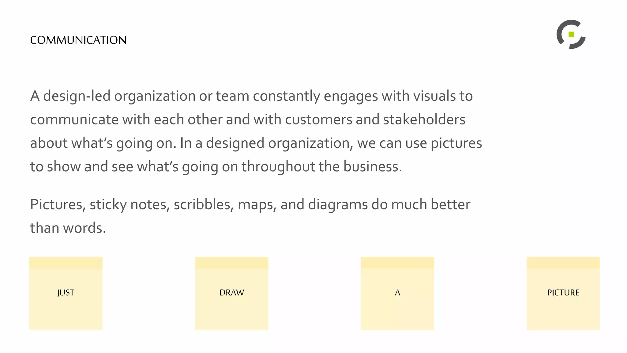COMMUNICATION
A design-led organization or team constantly engages with visuals to
communicate with each other and with customers and stakeholders
about what’s going on. In a designed organization, we can use pictures
to show and see what’s going on throughout the business.
Pictures, sticky notes, scribbles, maps, and diagrams do much better
than words.
21
JUST DRAW A PICTURE
 